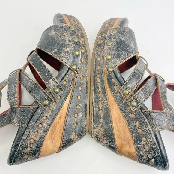 Bed Stu Brown Leather Wood Wedge Strappy Gladiator Sandals - Picture 11 of 14